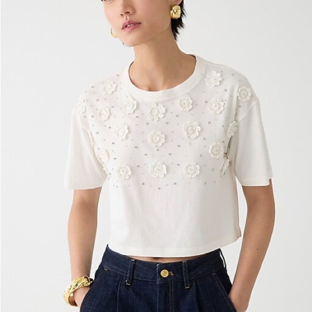 J Crew Cropped T-shirt with crochet floral appliqués
